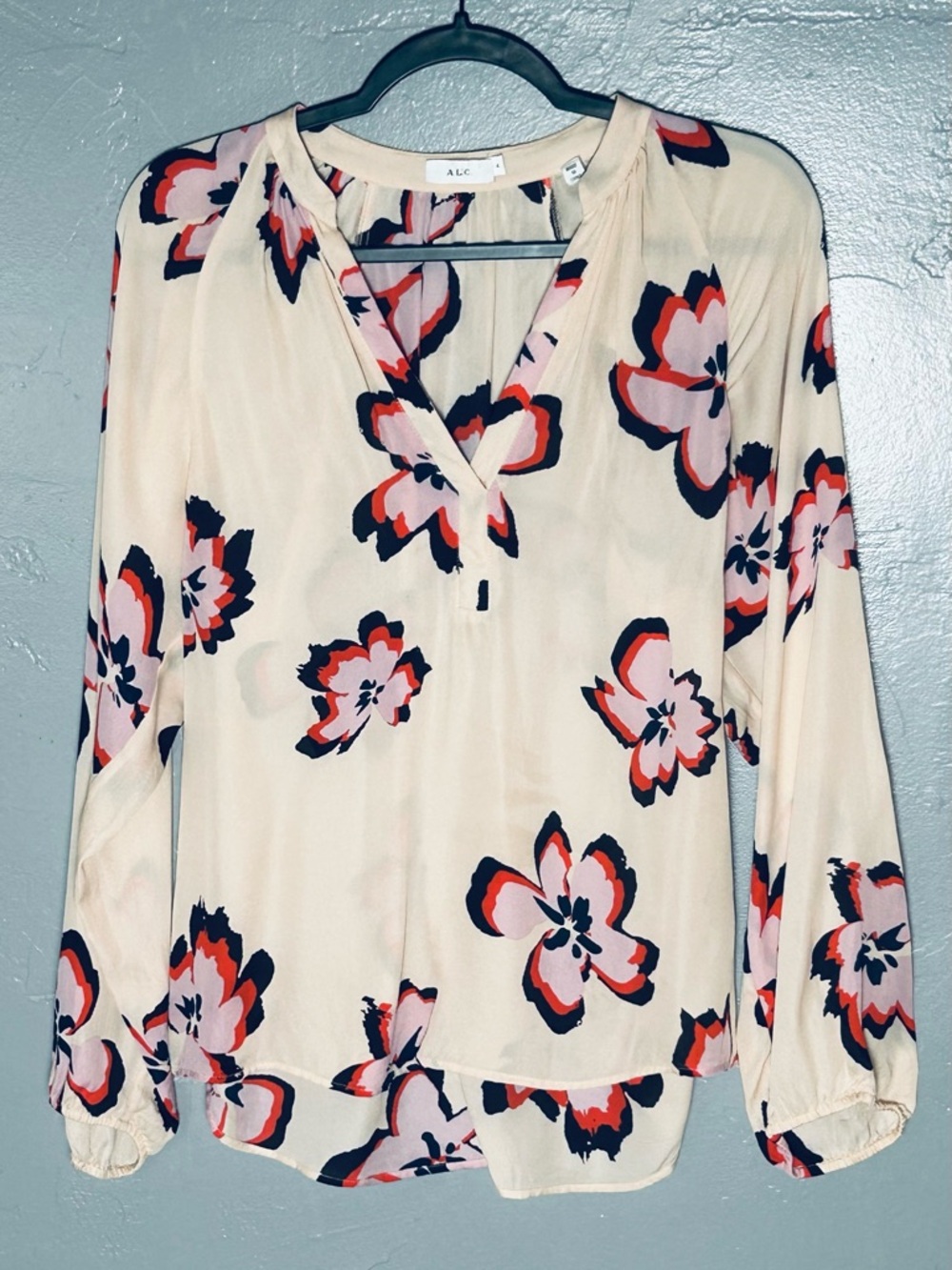 A.L.C. Jules silk Cream Blouse with Pink and Navy Floral Print romantic feminine